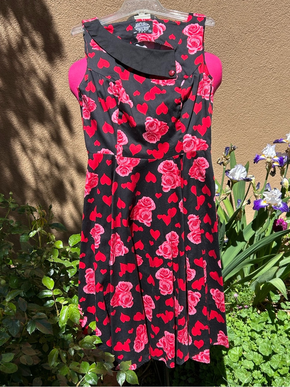 Hearts & Roses Sleeveless Black Dress with Pink Rose & Heart Print